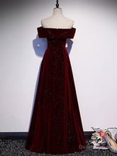 A-Line Off Shoulder Velvet Burgundy Long Prom Dress, Burgundy Long Formal Dress